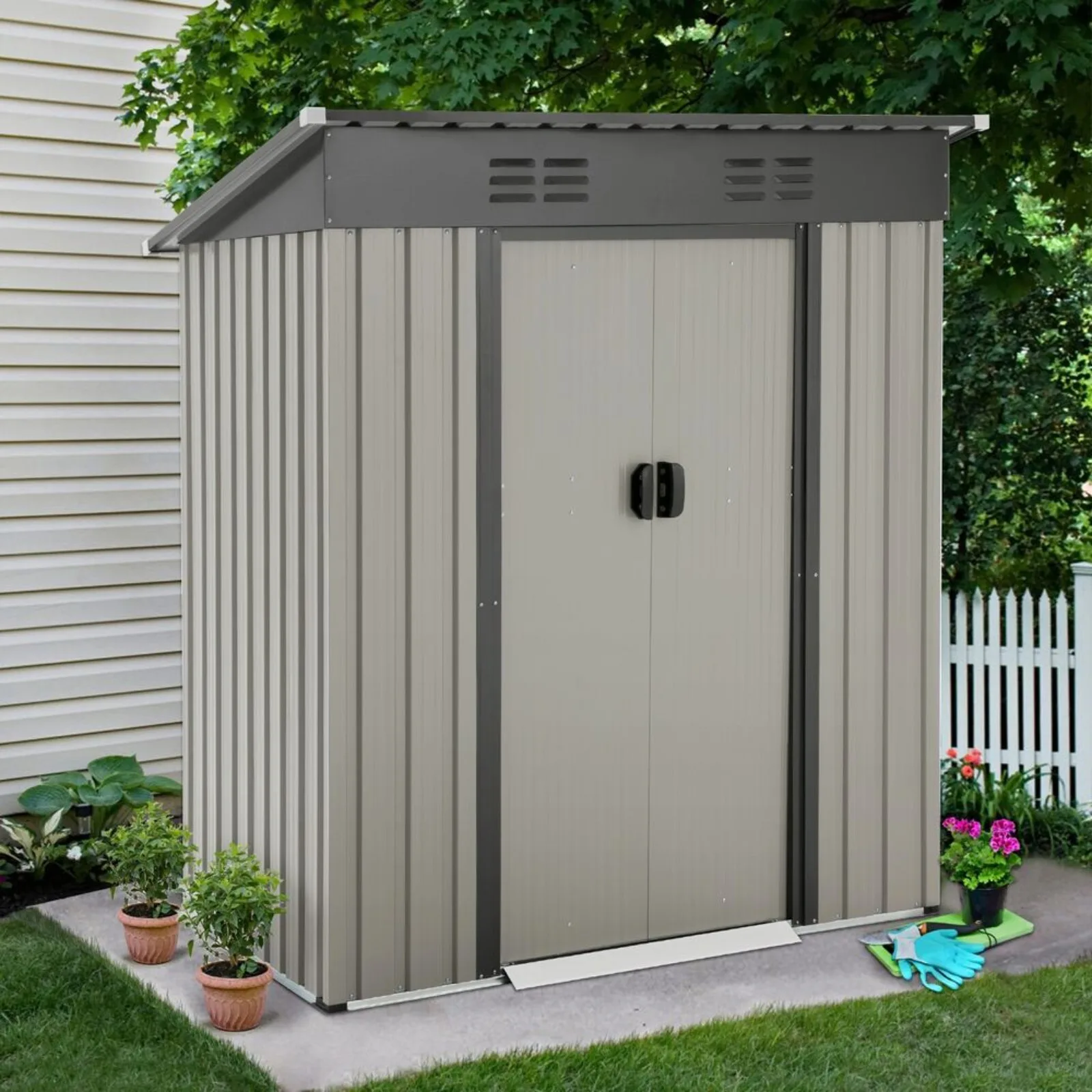 

US Outdoor Metal Storage Shed Tools shed Storage Cabinet w/Sliding Door