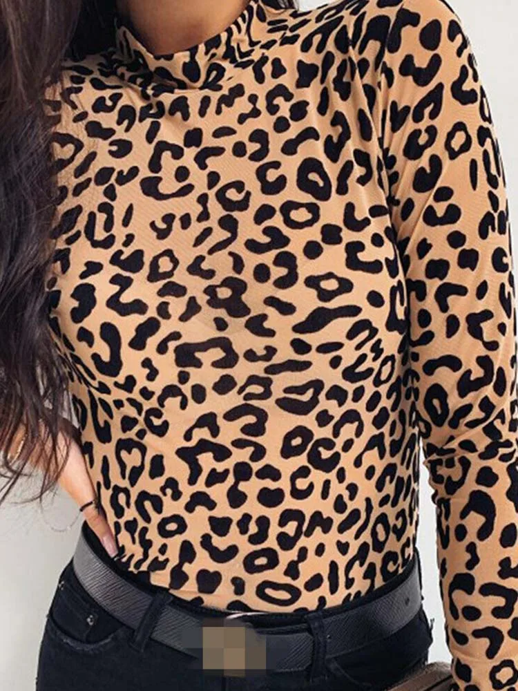 Women Blouses Fashion Leopard Print Turtle Neck Blouse Autumn Long Sleeve Shirts Party Ladies Clothes Womens Blouses And Tops