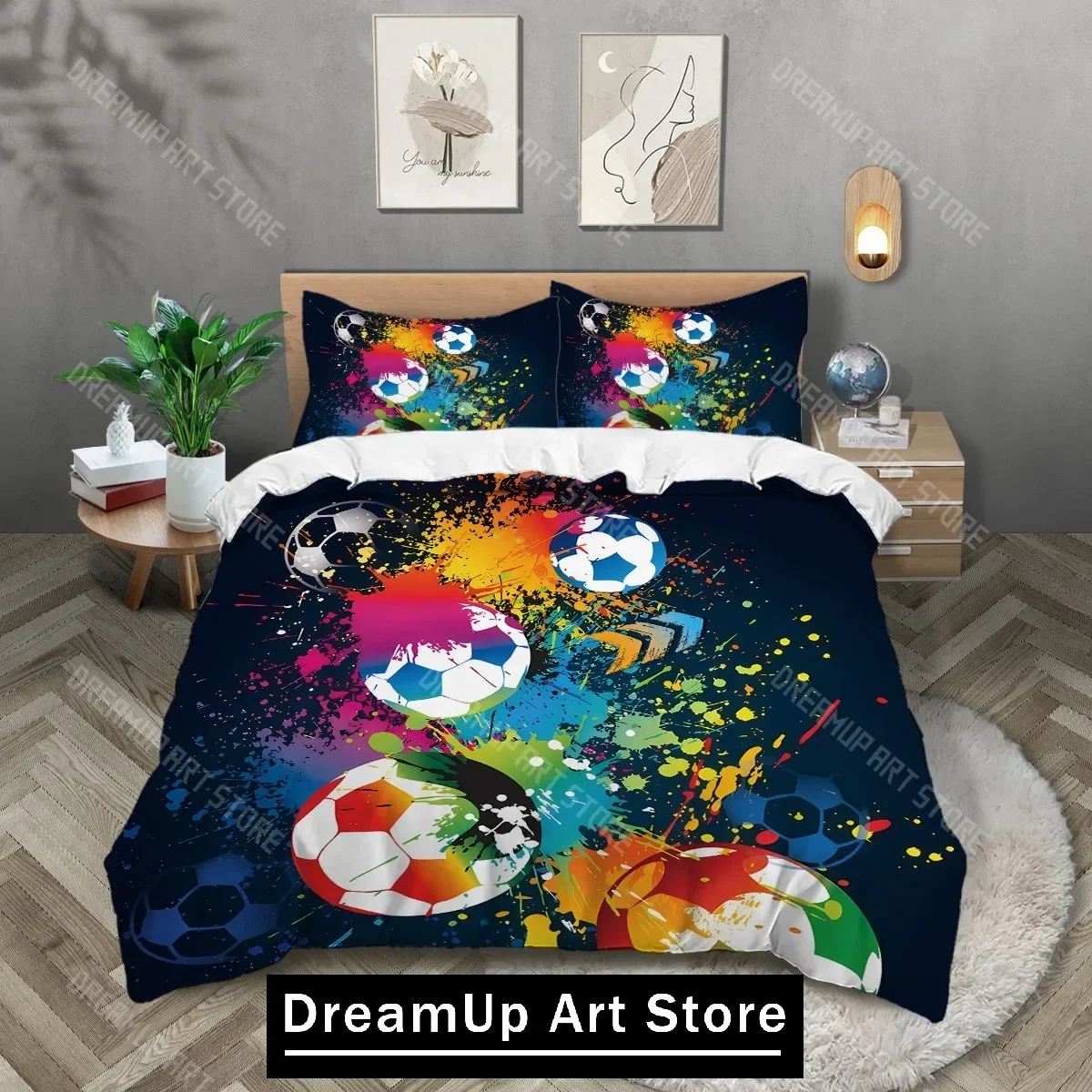 3-piece set, colorful football pattern printed duvet set, queen, king, double bed, party funny and creative bedding set