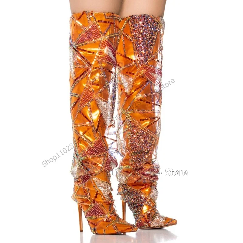 

Orange Geometric Print Rhinestone Decor Pointed Toe Boots Slip On Women Shoes Thin High Heels Fashion 2023 Zapatos Para Mujere