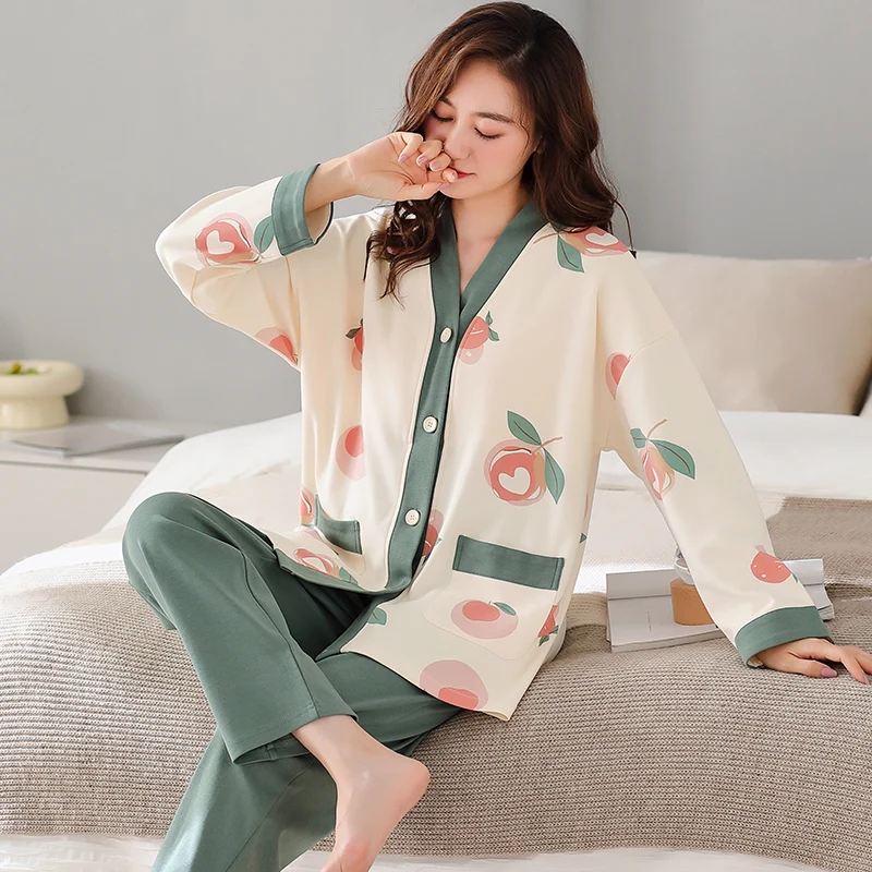 Peach Green Pajamas Sets Women Long Sleeves Long Pants Autumn Winter Cute Sleepwear Kawaii Pijamas Cozy Pyjamas Soft Nightshirts