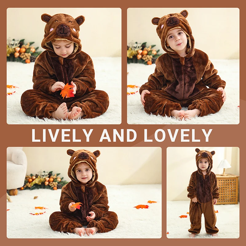 MICHLEY Karneval Löwen-Capybara Baby-Strampler Kleidung mit Kapuze Flanell Cosplay Kleinkind Pyjama Bodysuit Jumpsuit Kostüm für Jungen – Detail 3