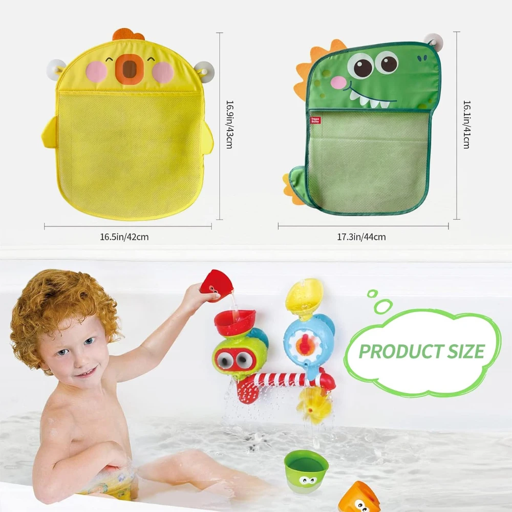 2 Pack Mesh Bath Toy Organizer, Duck & Dinosaur Extra Bath Toy Storage Net & 4 Strong Hooks, Cute Bathtub Toy Organizer for Kids