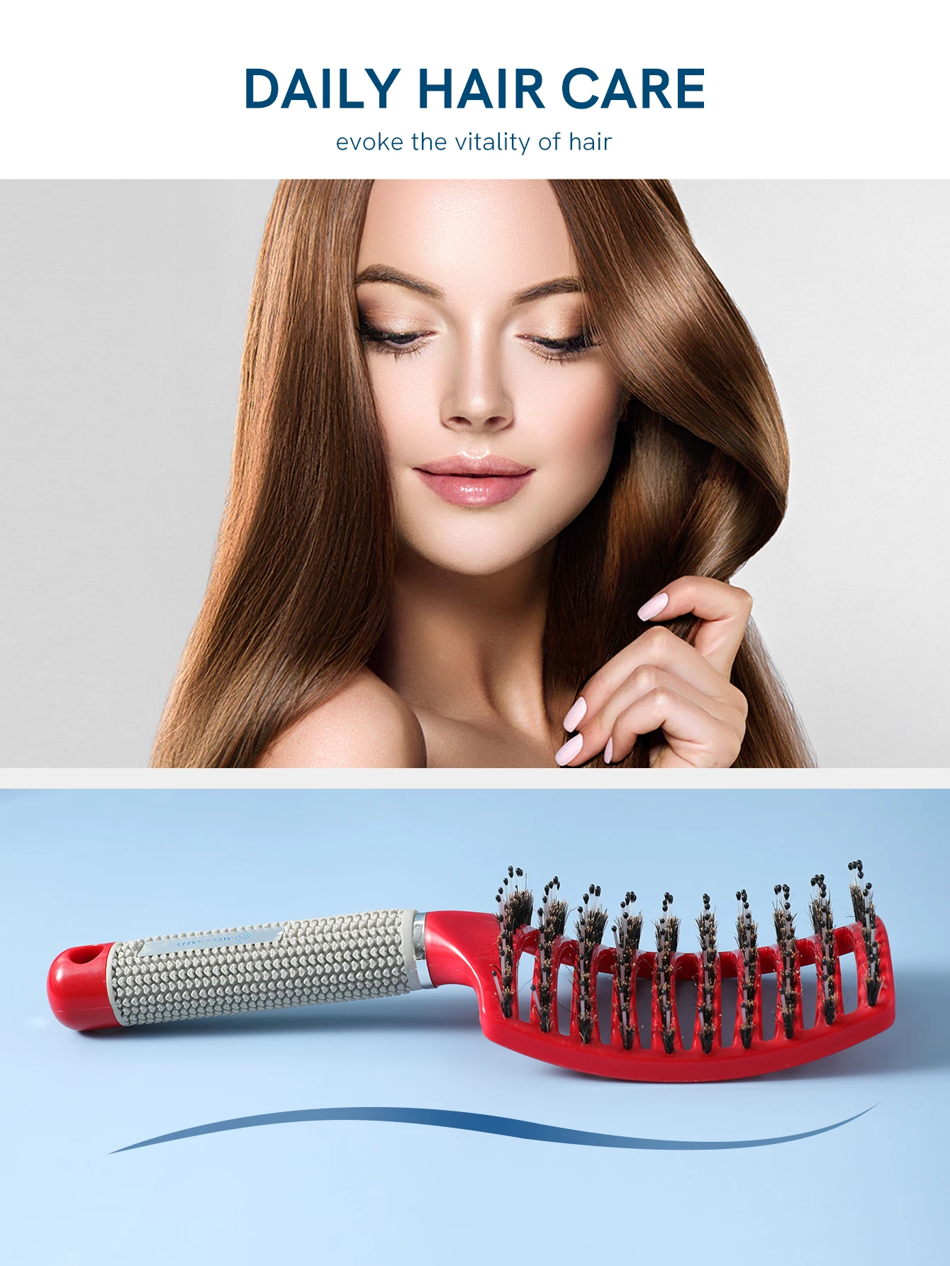 1pc Curved Vented Boar Bristle Styling Hair Brush & 1pc cleaning brush, Single Brush Anti-static Detangler, Wet or Dry Use,