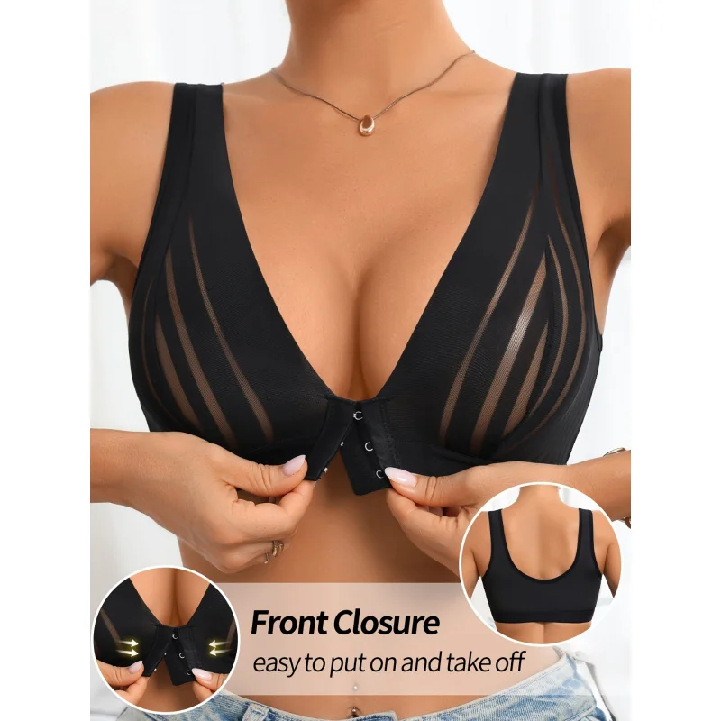 Striped Mesh Patchwork Front Button Easy Style, Easy to Wear And Take Off, Without Padding Or Underwire, Women'S Bra