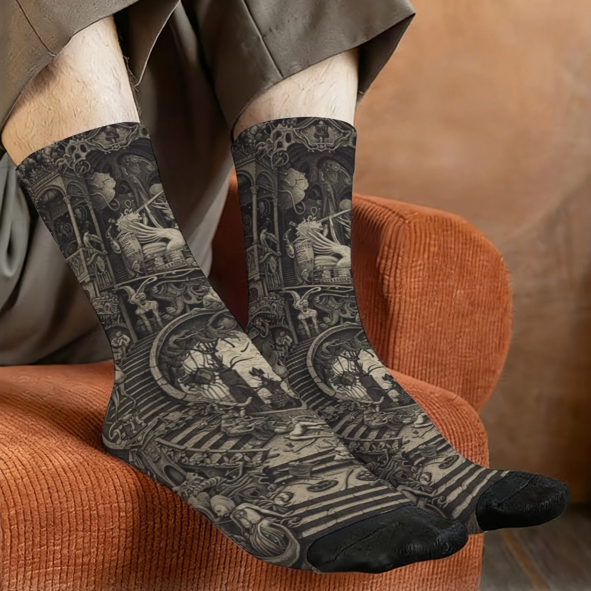 Harajuku Retro Dark Fantasy Gothic Scene Print Men's Socks Novel Street Trend Art Style Casual Socks Crazy Party Holiday Gift