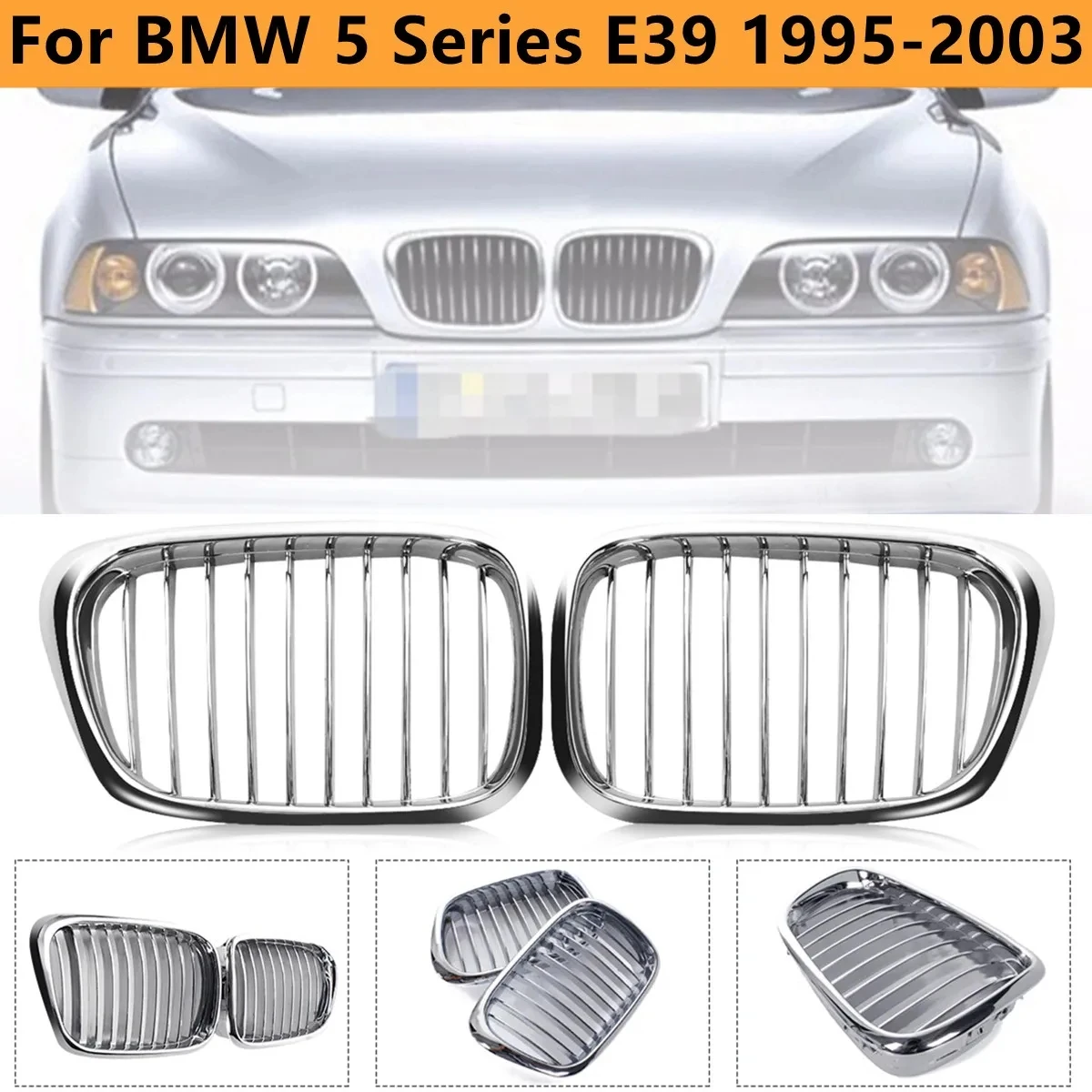 All Chrome Car Front Bumper Kidney Grill For BMW 5-Series E39 525 528 Sedan 1995-2003 1Pair Front Hood Racing Grille Cover - view 6