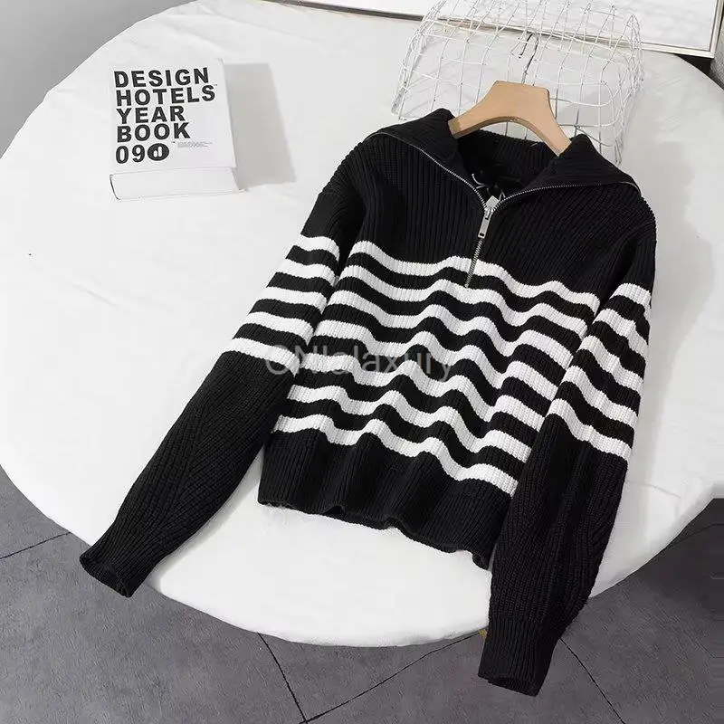 CNlalaxury Women Sweater 2023 Traf New Fashion Stripe Loose Knitting Sweaters Vintage Long Sleeve Asymmetry Female Pullover Tops