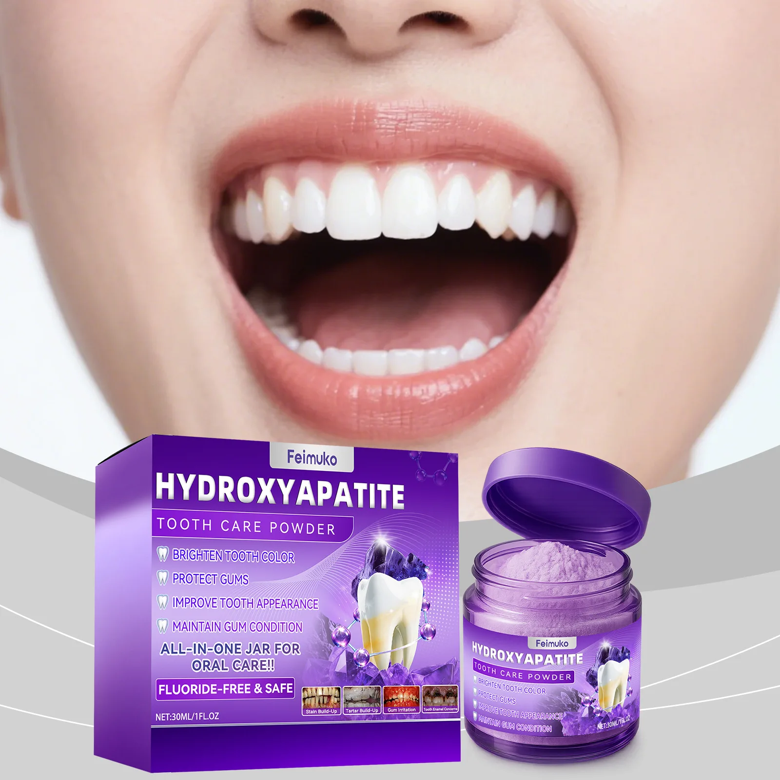 Feimuko Hydroxyapatite Tooth Powder Fluoride-Free Teeth Whitening Brighten Tooth Color Protect Gums Healthy Daily Oral Care
