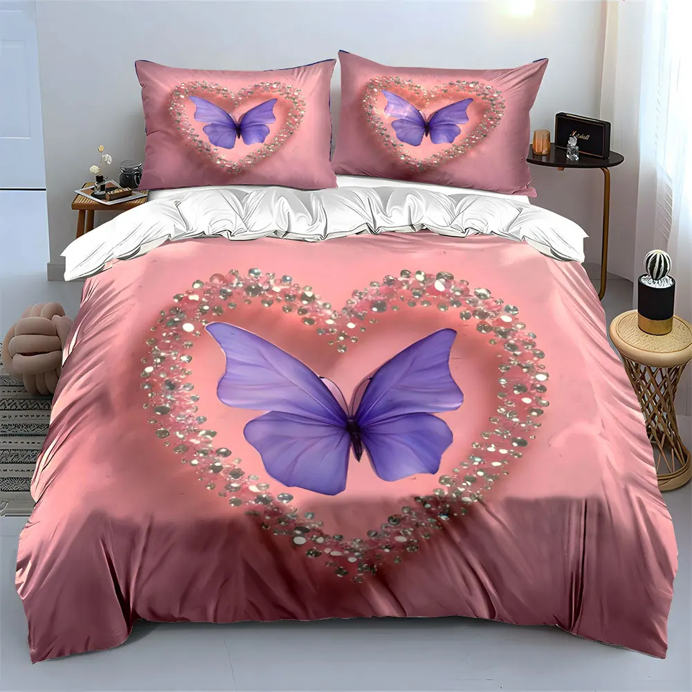 Butterfly Heart Decorative Set Bedding Set with 1 Duvet Cover 2 Pillowcases Single Double King Queen, Gift