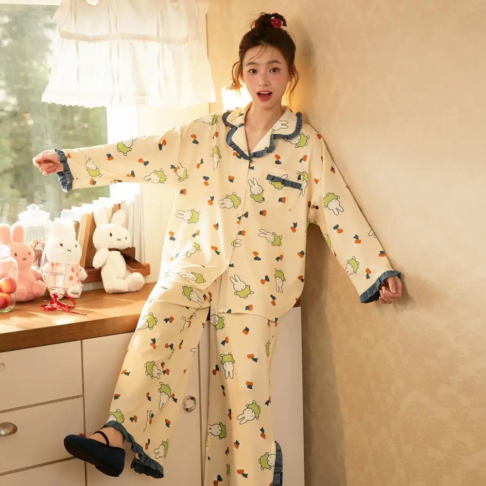 

Yellow Miffy Pajamas Set With Bunny Carrot Pattern Denim Trim Soft Sleepwear For Women Cute Cartoon Loungewear Daily Home Wear