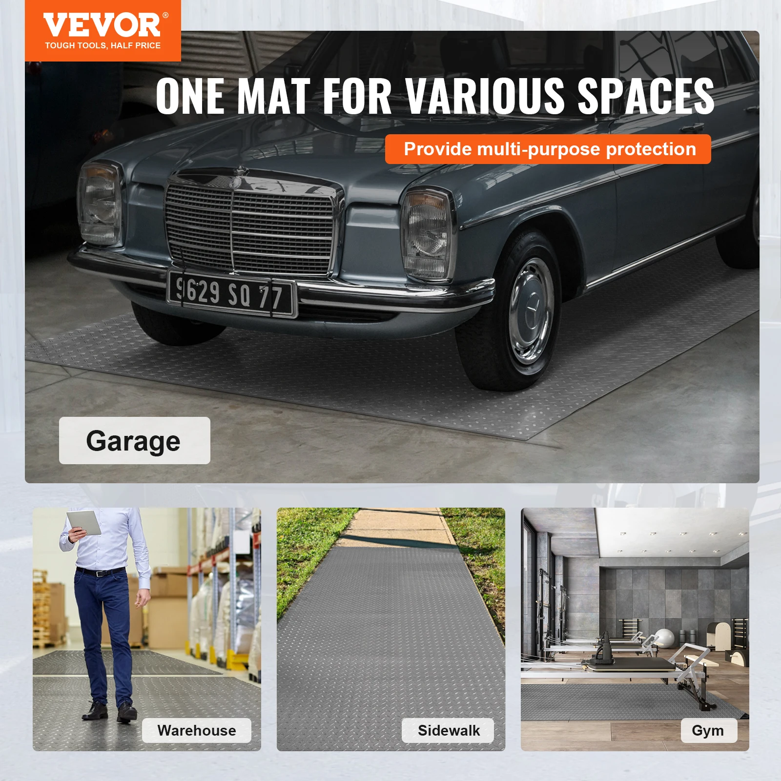 VEVOR Silver/Black PVC Garage Flooring Roll, Non-slip Diamond Texture, Garage Mats for Under Cars, for Gyms Boats Car Trailer