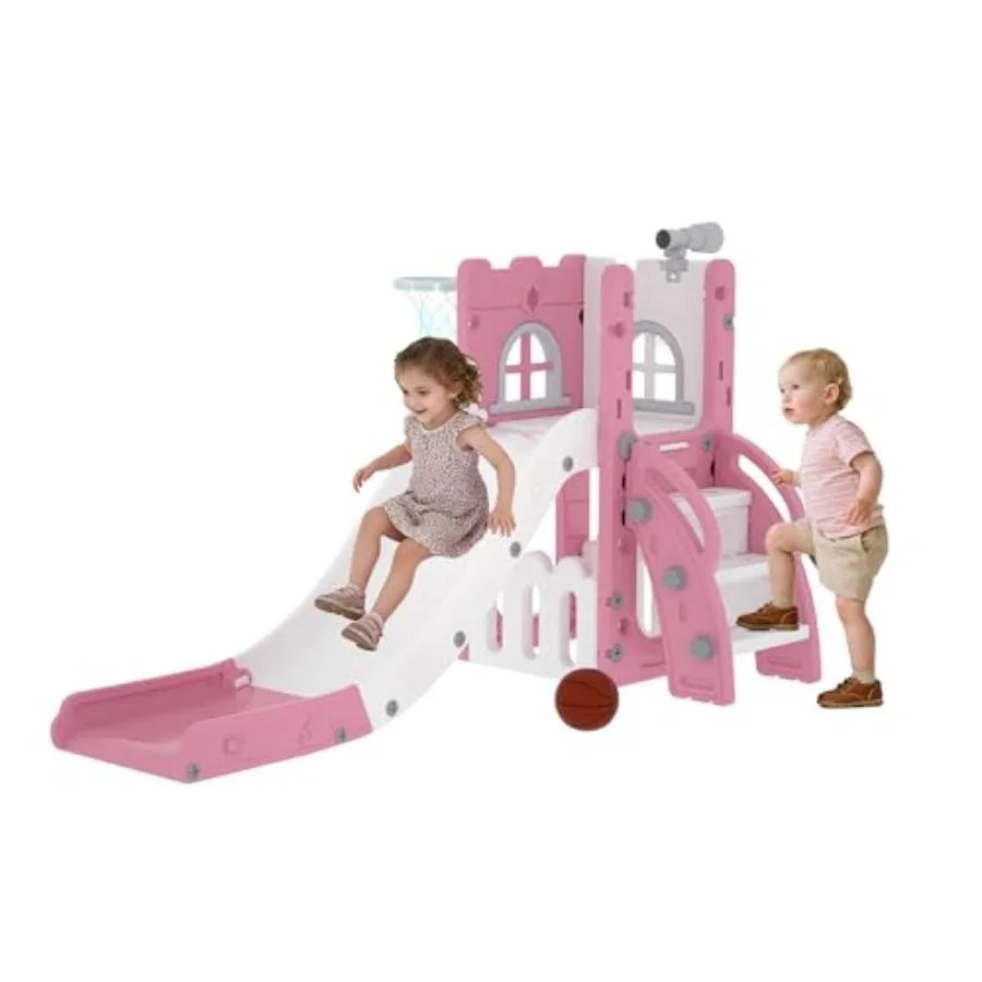 

6 in 1 Toddler Slide Playset for Toddlers Indoor Outdoor Baby Slide with Basketball Hoop Telescope and Storage Space Non-Slip S