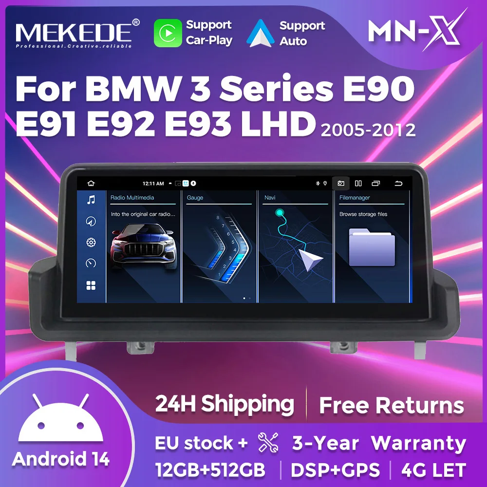 MEKEDE Android 14 sans fil Carplay Android Auto lecteur multimédia de voiture pour BMW série 3 E90 E91 E92 E93 DSP BT 4G WIFI Auto Radio