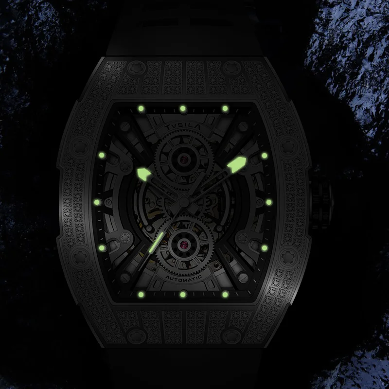 TVSILA Original Miyota Men's Automatic Mechanical Watch Stainless Steel Case Silicone Band Skeleton Waterproof Sport Wristwatch