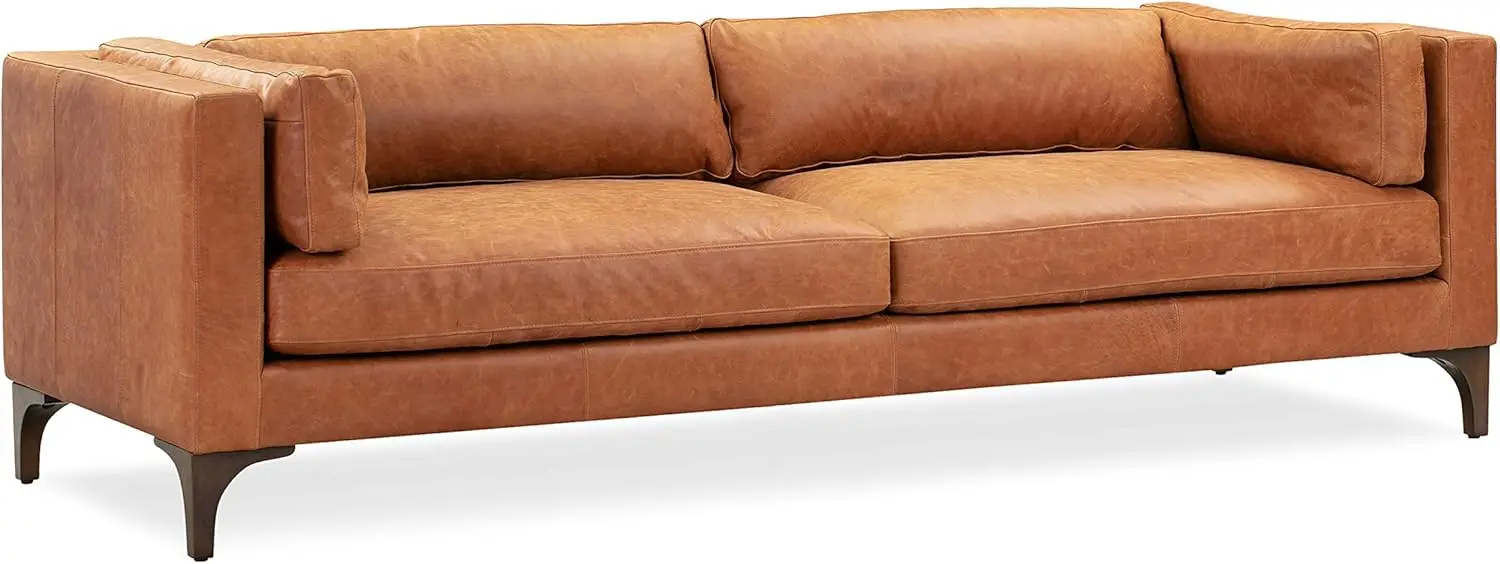 

93" Sofa in Full-Grain Pure-Aniline Italian Tanned Leather in Cognac Tan with Solid Wood Legs in A Mahogany Finish