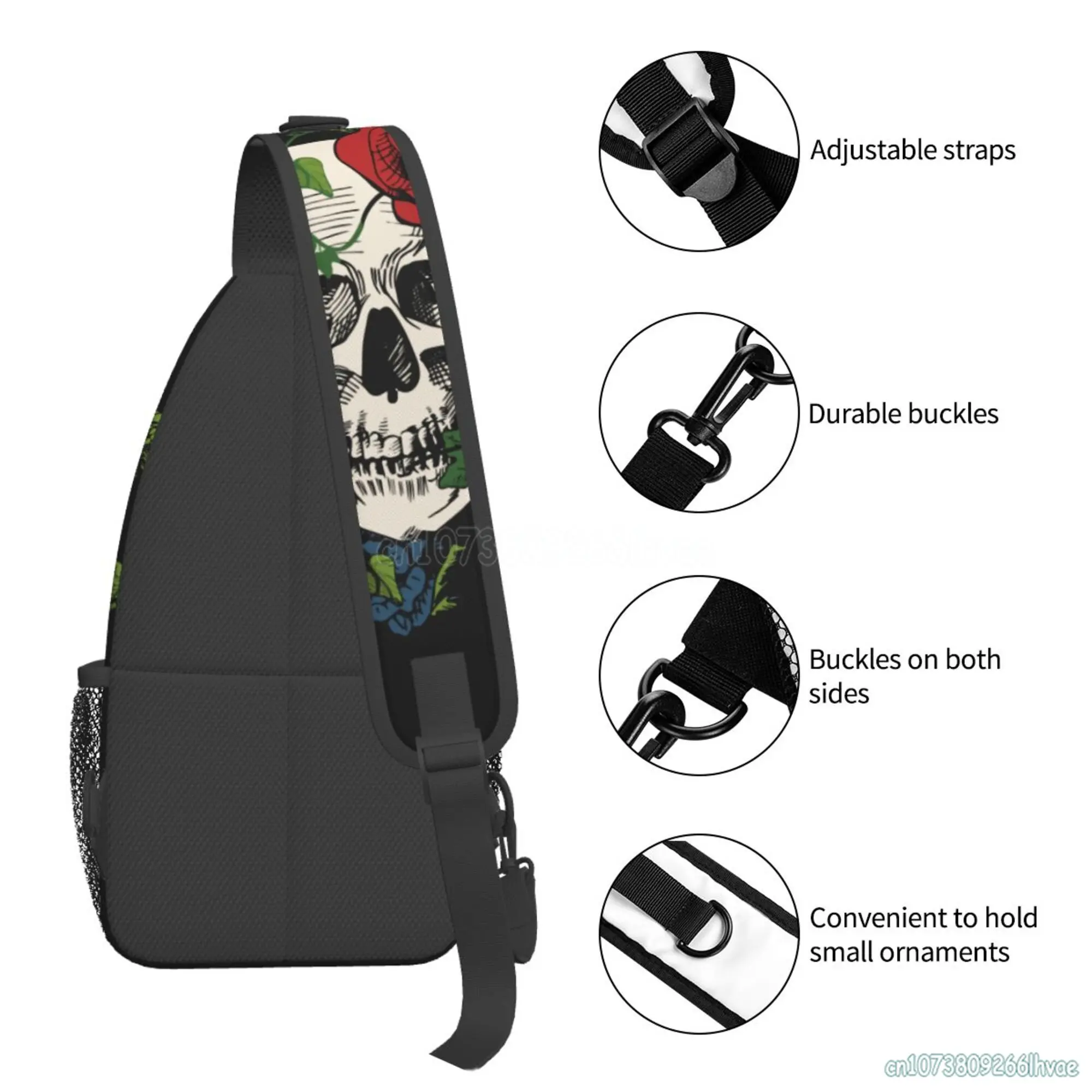 Red Rose Sugar Skull Diamond Sling Backpack Chest Bag Waterproof Crossbody Travel Hiking Daypack for Women Men Shoulder Bag