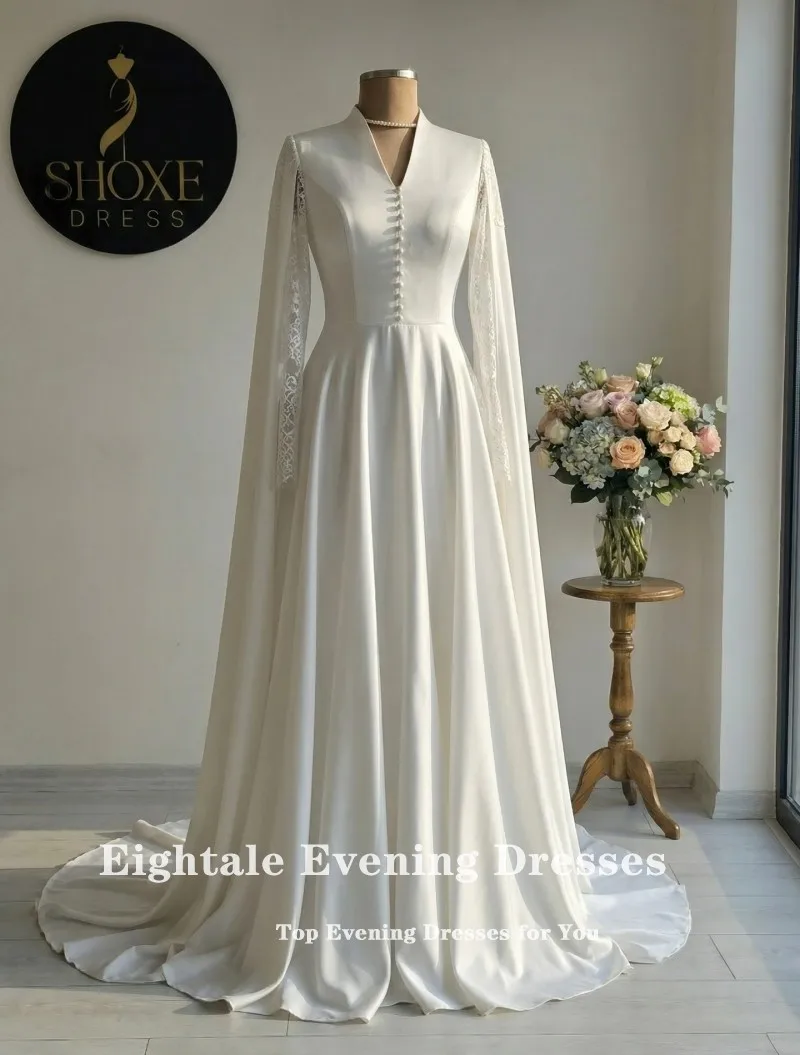 Eightale Arabic Wedding Dress V-Neck Lace Customized Ivory Satin Long Sleeves Cape Sleeves Bridal Gown Bride Party Dress image 2