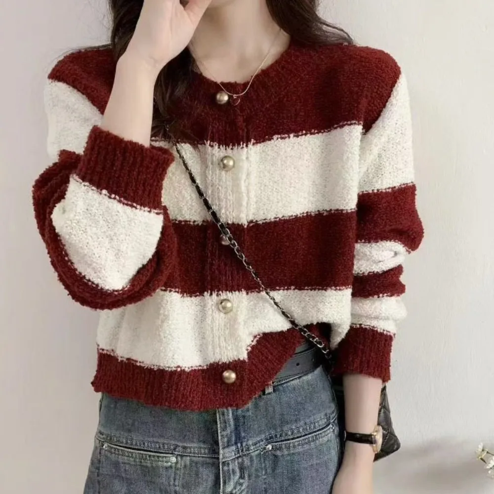 Милый вязаный топ в полоску Y2K, свободный вязаный крючком трикотаж с длинными рукавами, пальто, свитер, куртка, кардиганы, женский офис