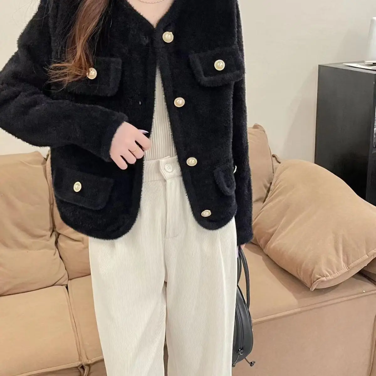 Dames faux nertsbont gebreid vest 2025, herfst winter trui met lange mouwen, mode bovenkleding