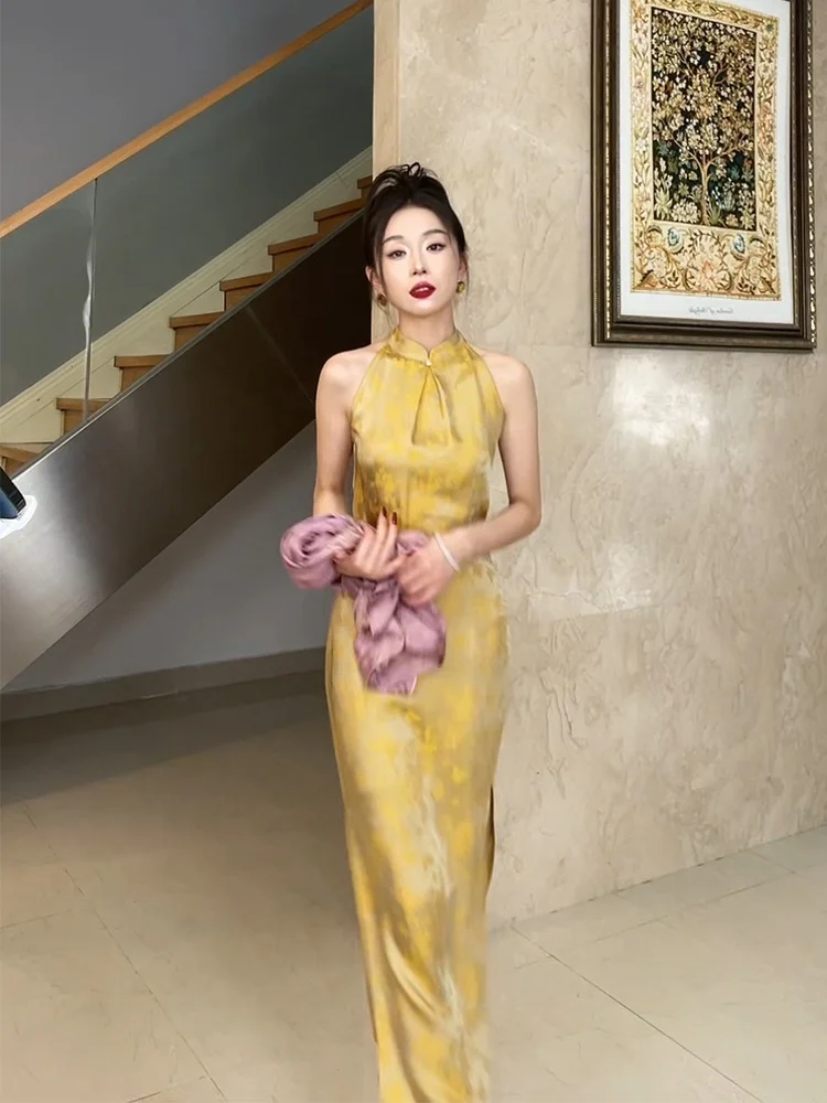 

New Chinese Style Engagement Morning Robe Improved Version Dress Women Summer New Hanging Neck Long Dress