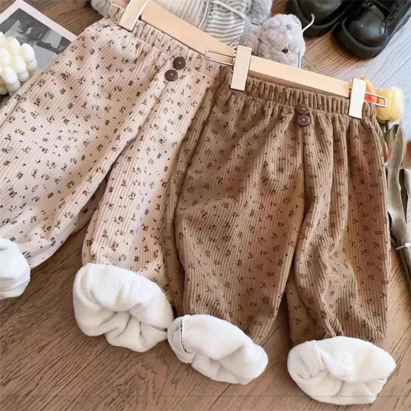 0-12Y Children Thicken Plush Korean Lantern Pants Spring Autumn Fashion Girls Floral Casual Pants Winter Warm Boys Baby Trousers