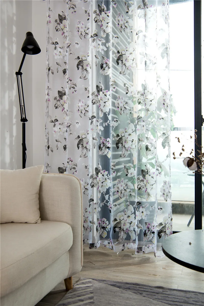 American Countryside Printed Curtains Living Room Bedroom Balcony Transparent Window Screen Custom GrayWhite Floral Tulle Fabric