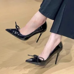 Women Red Sexy Bow Stiletto Pumps 2024 Autumn Leather High Heel Pointed Toe Buckle Fashion Women Party Dress Heels Shoes