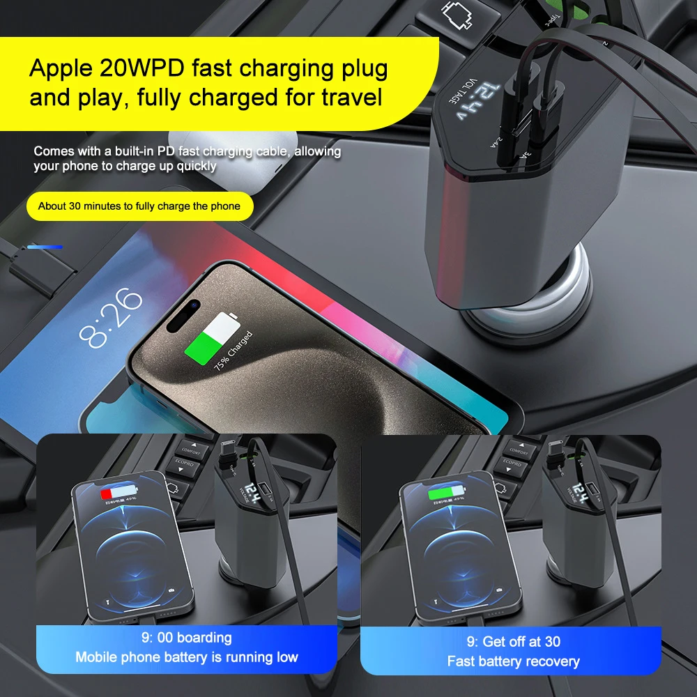 PD Car Charger 120W Quick Charger With 2 Retractable Cables Type C Fast Car Charger Voltmeter 4 in 1 Power For IPhone Huawei