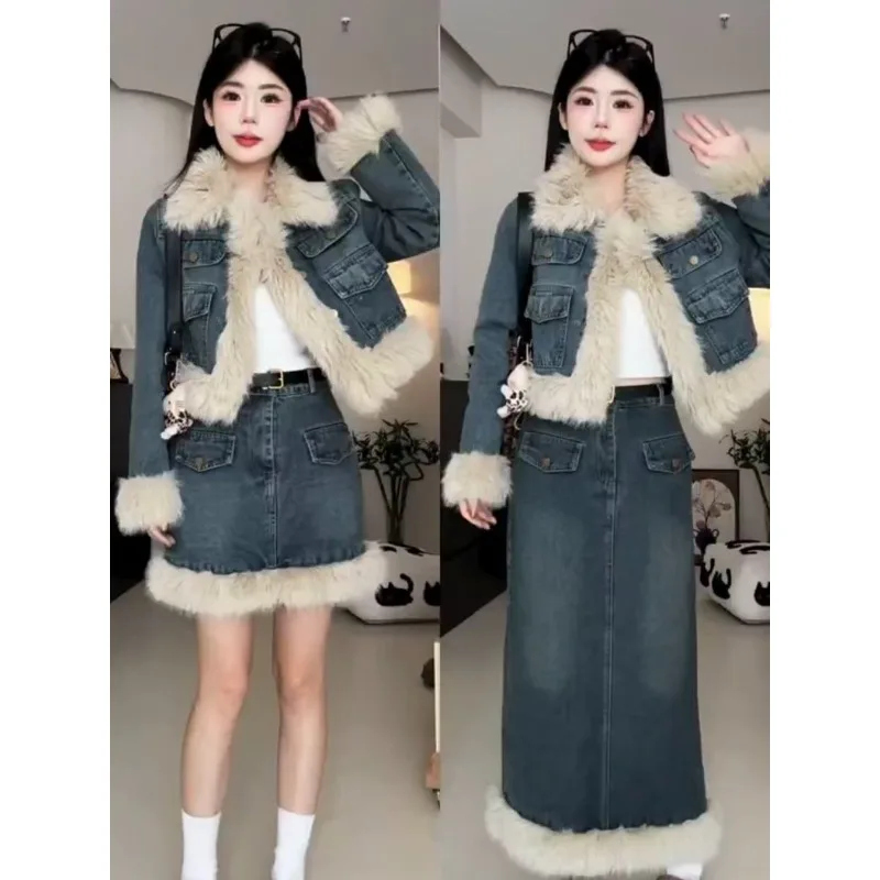 Deep Winter Clothing with A Complete Set of Fat Mm Fashion Denim Suit Women's Fluffy Splicing Short Coat Skirt Two-piece Set