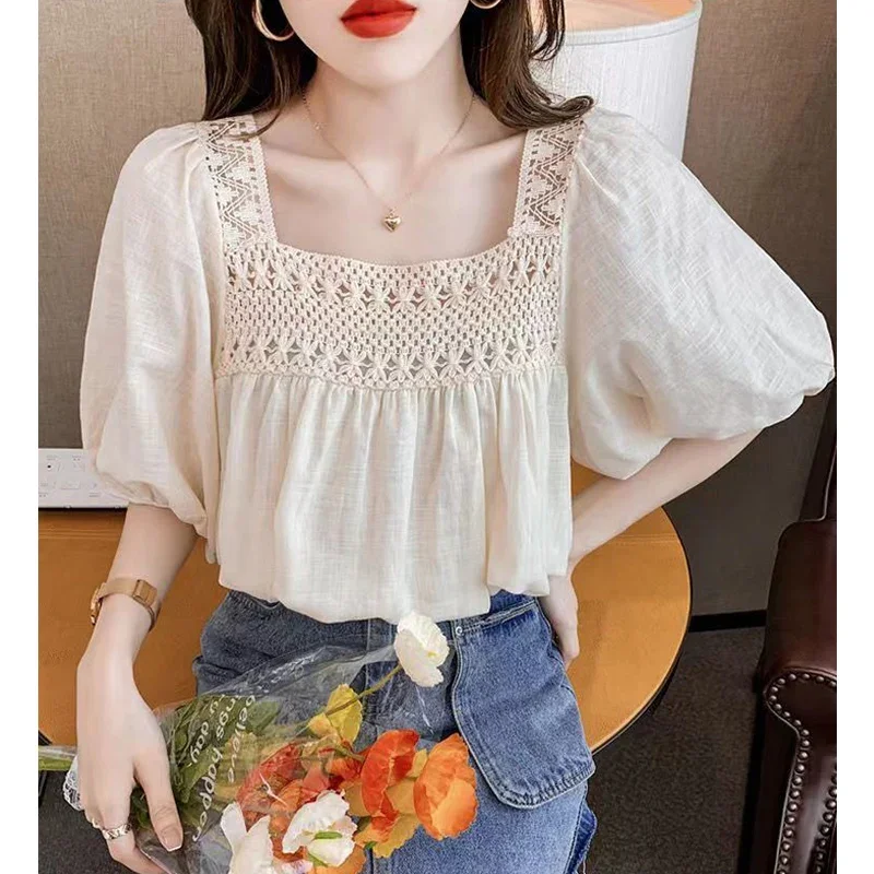 

2024 Summer Korean Fashion Pure Cotton Hollow Out Blouse Ladies Literary Vintage Pullover Tops Women Puff Short Sleeve Shirt