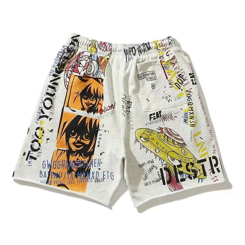 Vintage Japanese High Street Cartoon Graffiti Print Washed Retro Shorts Casual Loose Pure Cotton High-quality Sports Shorts