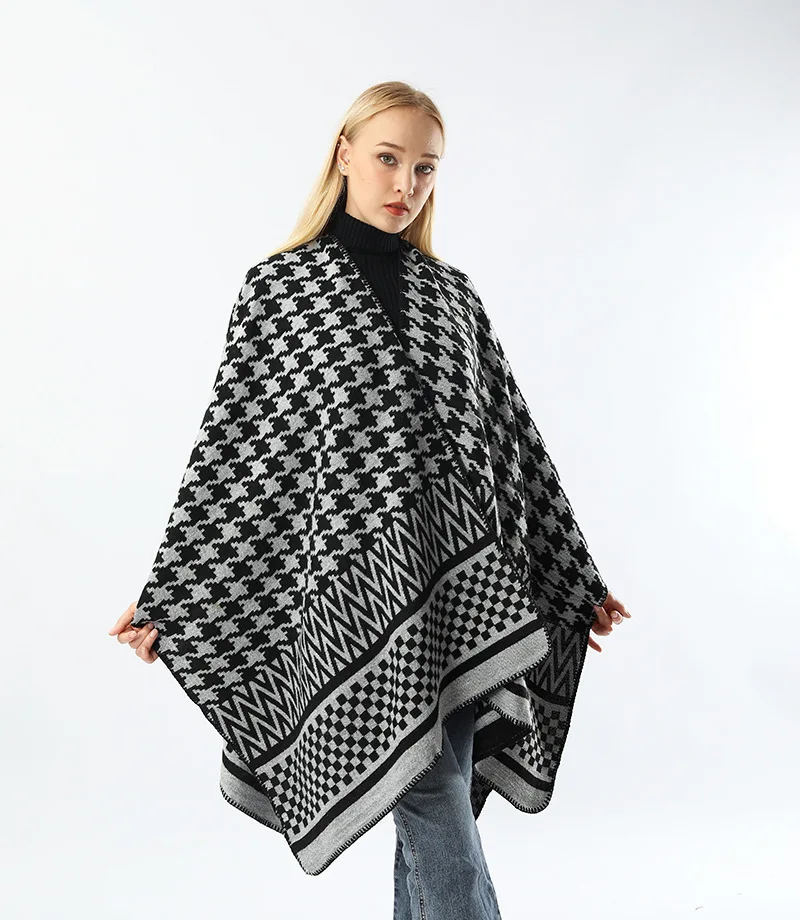 Women's Vintage Pattern Open Front Poncho Cape Winter Houndstooth Printed Scarf Blanket Shawl Wraps Cardigan Oversized Coat