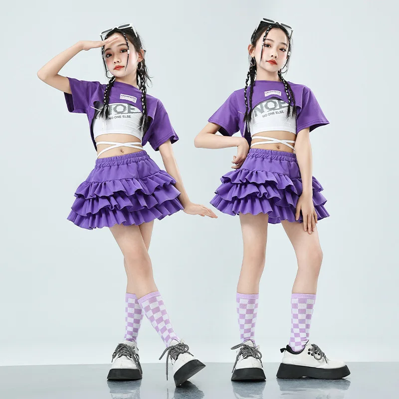 

Kid Kpop Hip Hop Clothing Purple Crop Top T Shirt White Tank Layered Pleated Mini Skirt for Girl Jazz Dance Wear Costume Clothes