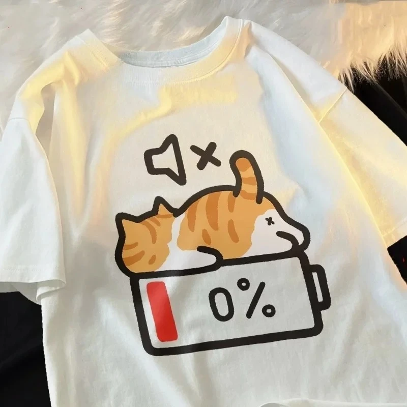 Funny 0% Battery Lazy Cat Graphic Women T‑Shirt Mute No Energy Cartoon Print Short Sleeve Casual Tee Fashion Women Clothes