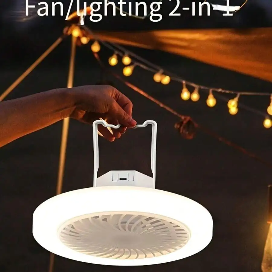 

1pc LED Camping Fan Light, Supports USB Charging, Built-In 1800mAh Lithium Battery Powered, Comes With Hook, Suitable For Tent, Car, Outdoor Travel And Bedroom, Has Lighting And Fan Modes, Color: White