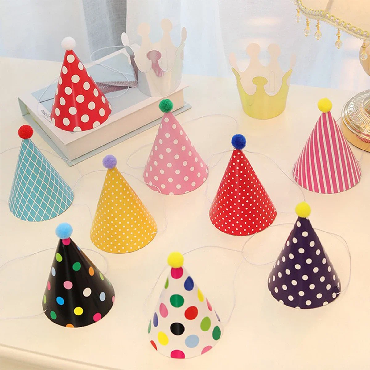 11Pcs/Bag Happy Birthday Party Hats Polka Dot DIY Handmade Cap Crown for Kids Birthday Party Photo Props Baby Shower Decoration