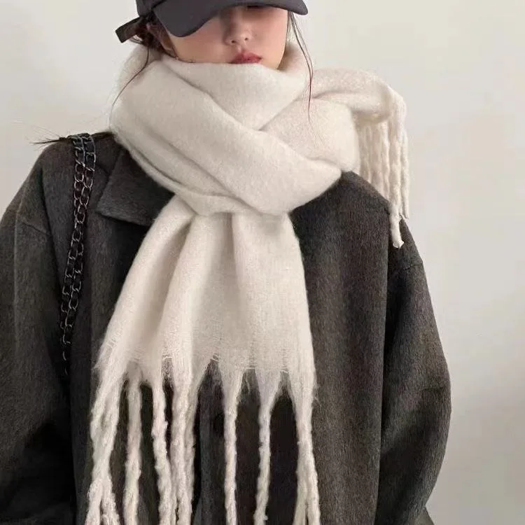 Winter Scarf Women Solid Cream White Cashmere Feel Scarfs Extra Long Thick Tassel Shawl Soft Warm Large Blanket Wrap Pashmina