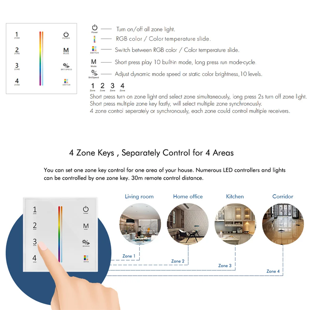 RGBCCT LED Strip Smart Controller KIT DC 12V 24V Wifi Dimmer RF 2.4G 4 Zone Wall Mounted Touch Panel Remote Controller TUYA APP