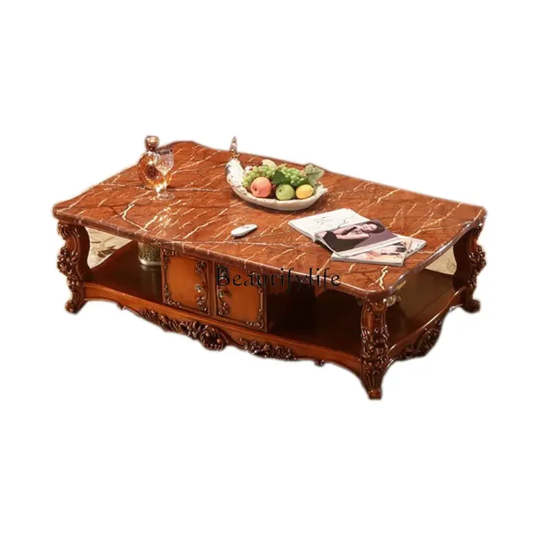 

LEuropean marble coffee table solid wood carving flower living room coffee table luxury high-end American style
