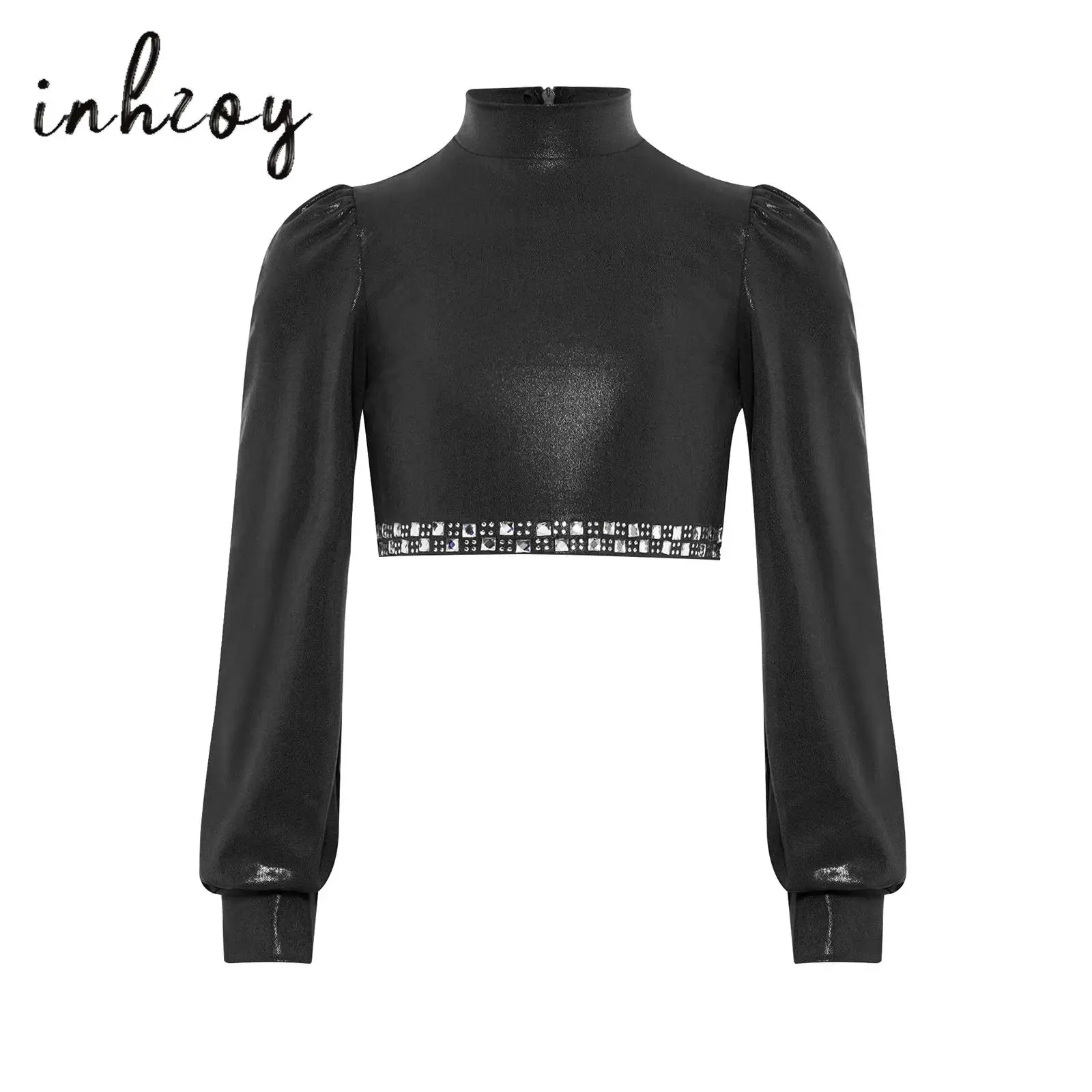 

Kids Girls Jazz Dance Top Ballet Performance Costume Shiny Rhinestones Metallic Mock Neck Long Sleeves Zipper Back Crop Top