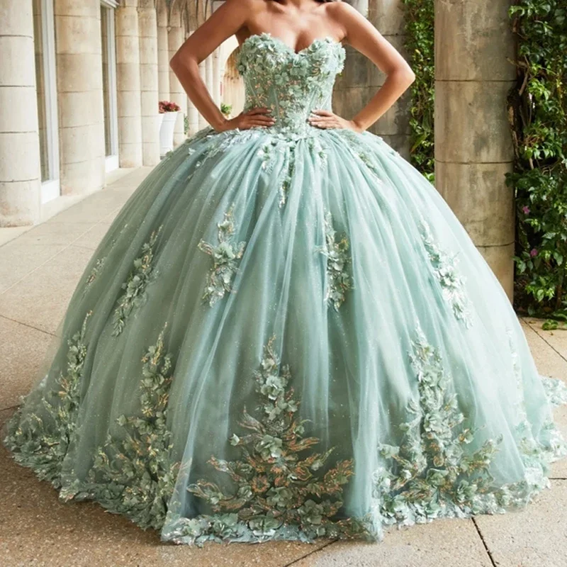 

Angelsbridep Mint Green Ball Gown 15 Year Old Quinceanera Dresses 2025 With 3D Appliques Beading Sweet 16 Evening Party Dress