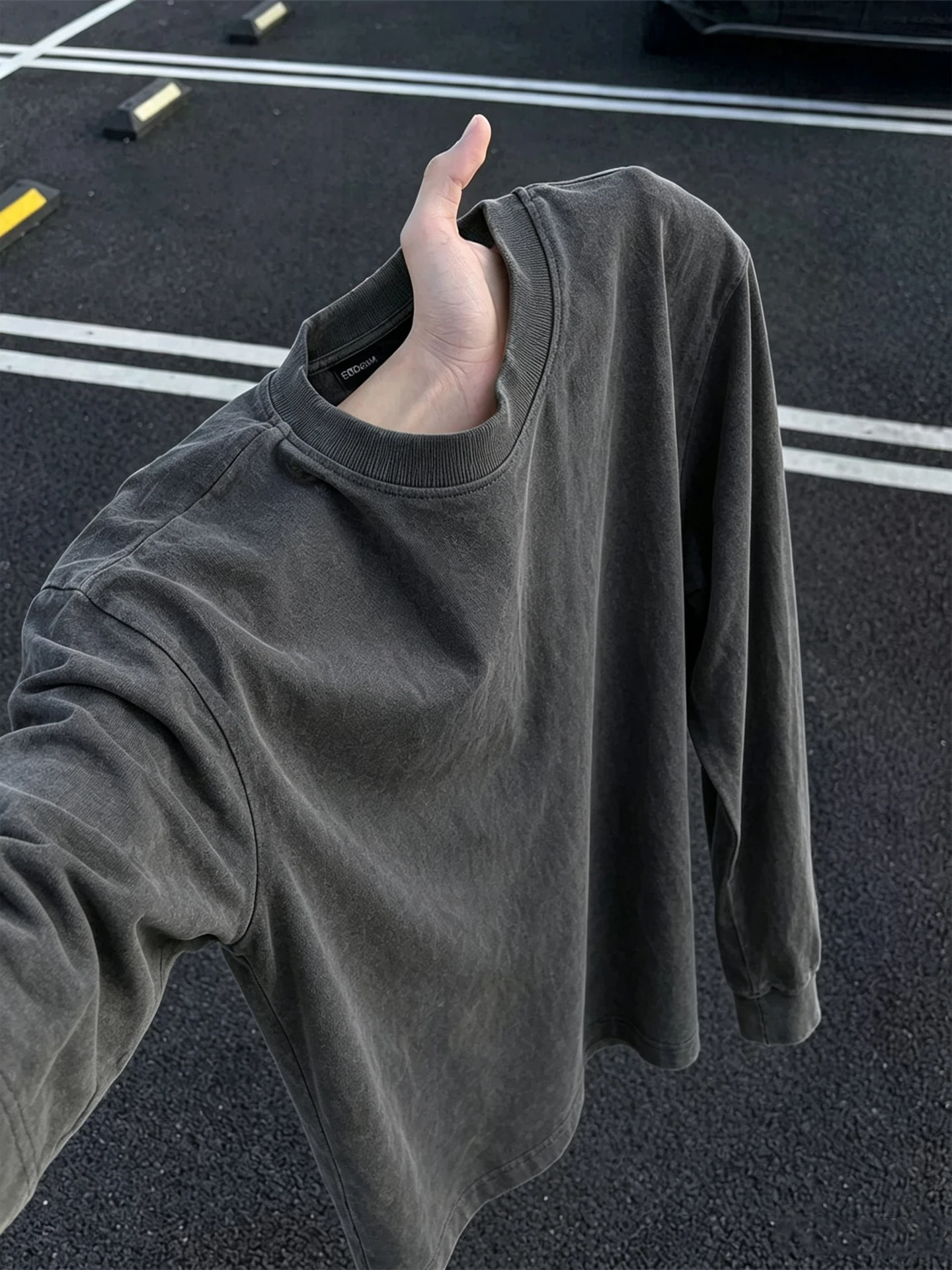Deep Grey Heavyweight Pure Cotton Long Sleeve Hoodless Sweatshirt Men's Autumn Cleanfit Rigorous Base Layer T-shirt Casual Style