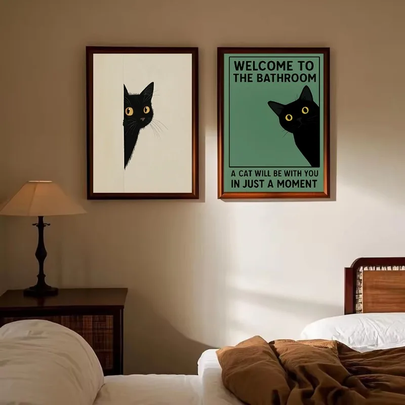 Funny Bathroom Vintage Cute Black Cat Tropical Toilet Animals Poster Canvas Painting Wall Art Pictures Home Decor Gift