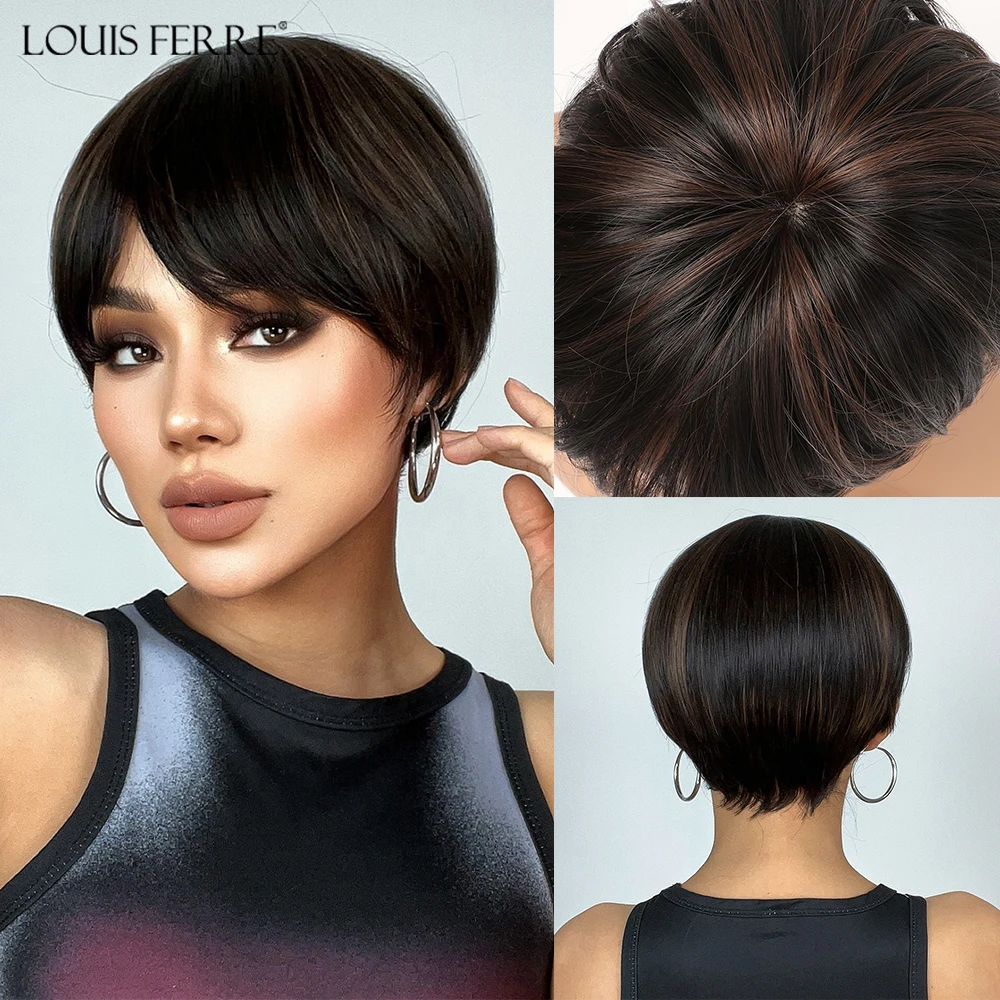 Black Brown Mixed Blonde Synthetic Wigs Short Straight Pixie Cut Wig for Women Natural Layered Hair With Bangs Daily Cosplay Wig