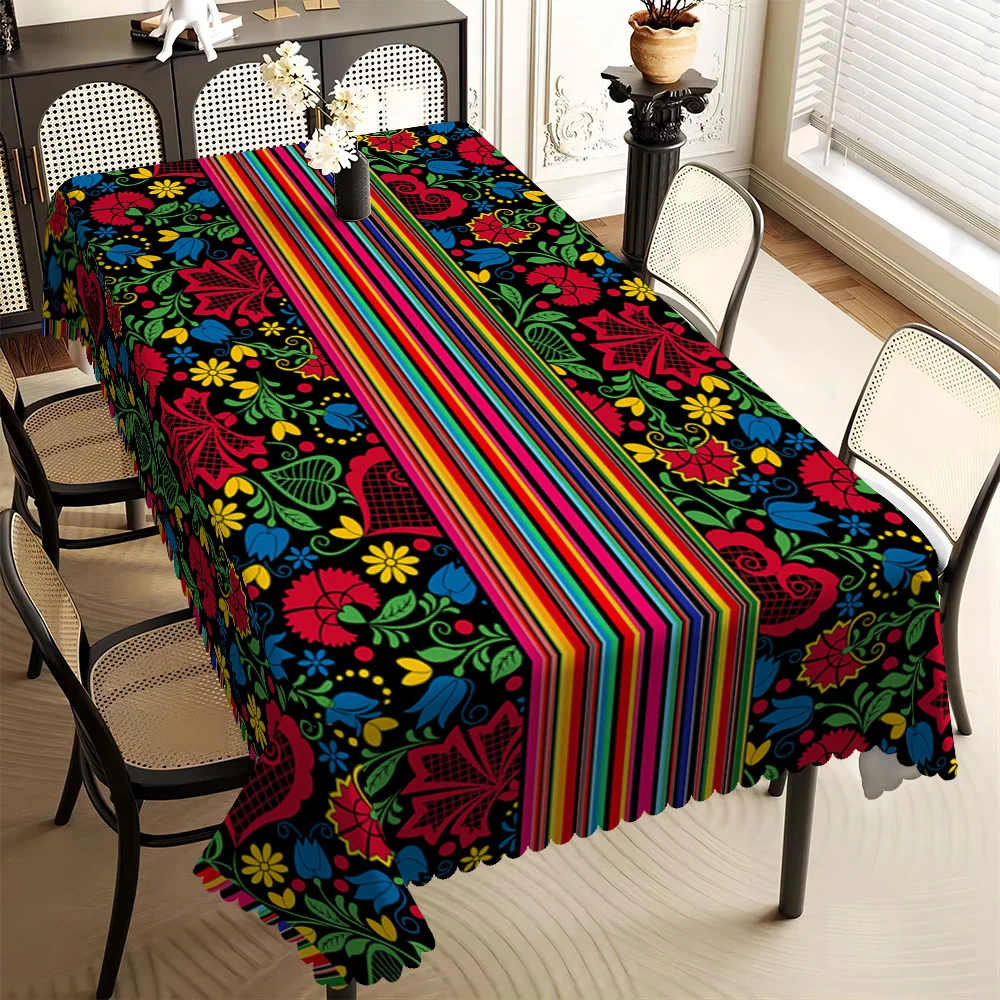 1PC Mexican Carnival Floral Printed Tablecloth, Rectangular Table Cover, Home Kitchen Dining Room Living Room Decor