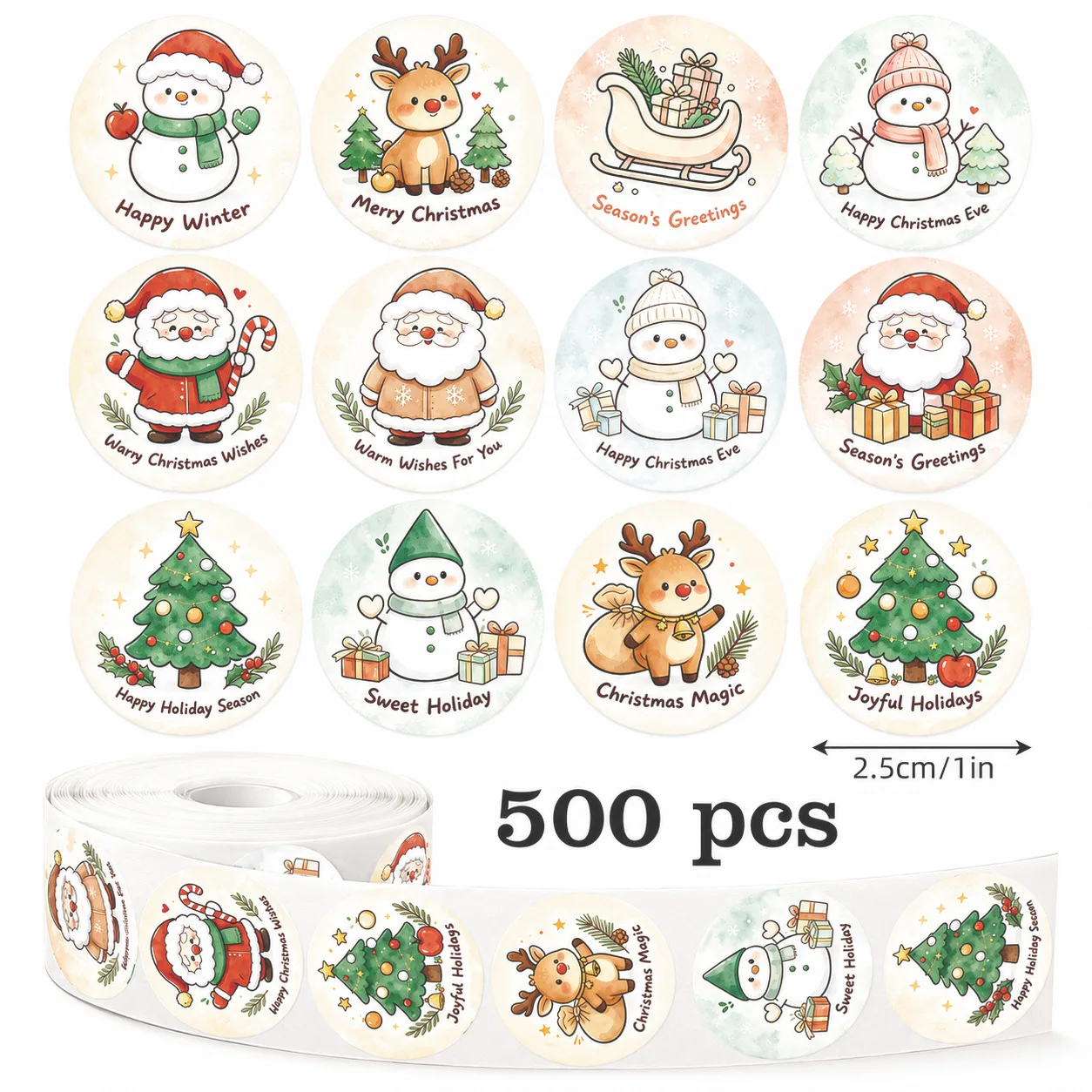 1Inch Round Christmas Stickers Roll 500Pcs Merry Christmas Santa Snowman Gift Sealing Labels Xmas Package Decor Stickers