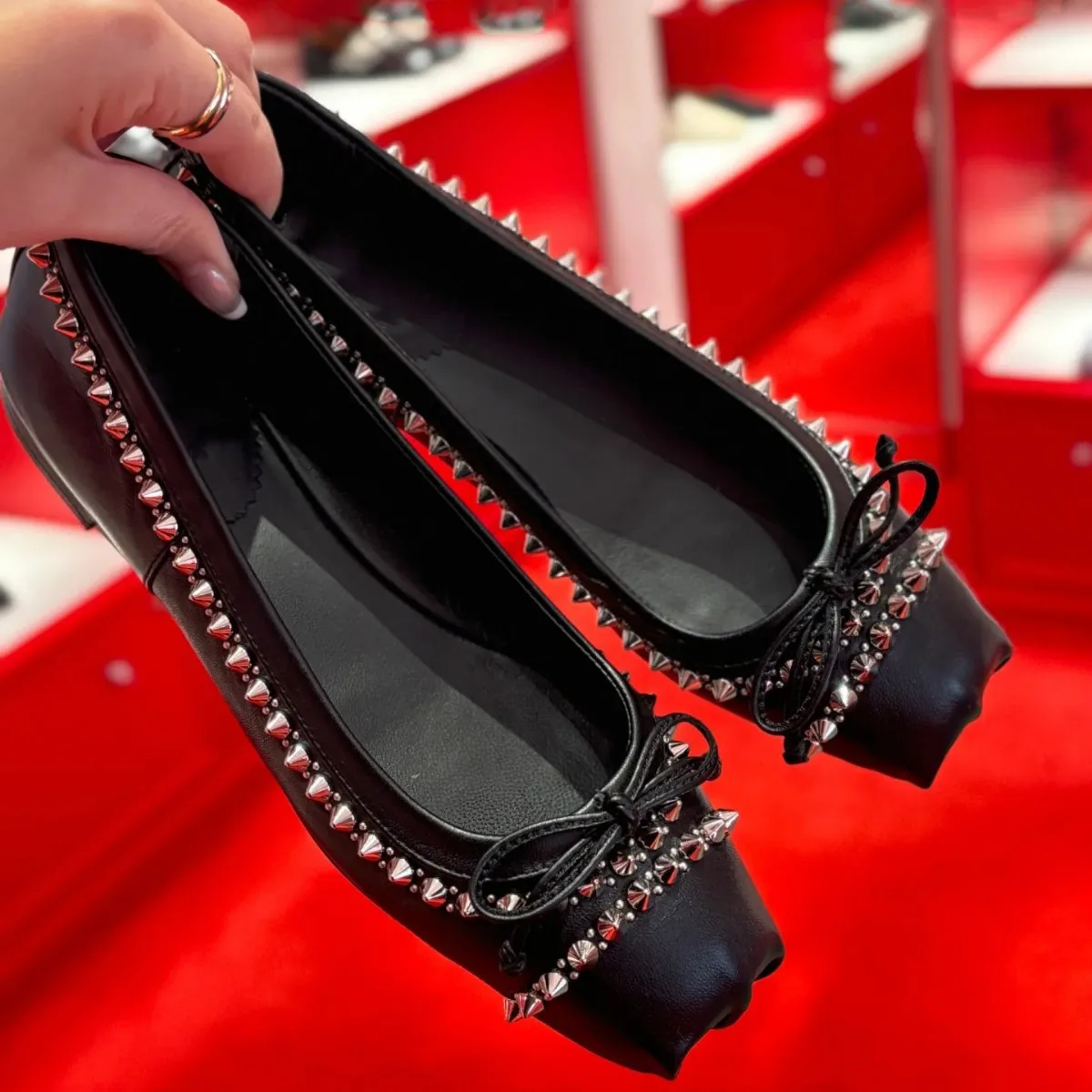 

New Women's Black Square Toe Flats Silver Stud Decor Bow Detail Edgy Style Fashion Daily Casual Party Evening Shoes