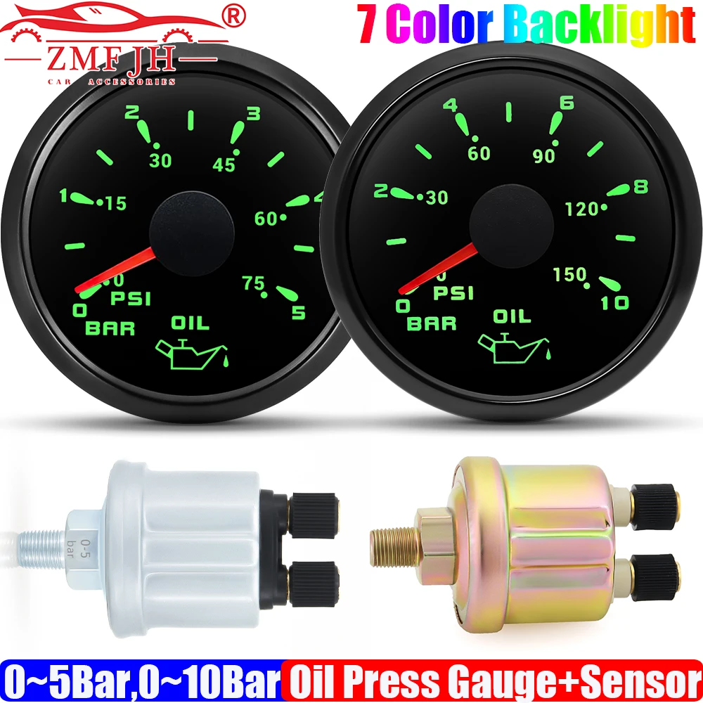 

ZMFJH 0-5 бар, 0-10 бар 2 "52 мм манометр масла с датчиком, 7 цветов света, 75PSI, 150PSI, индикатор датчика масла для автомобиля, лодки