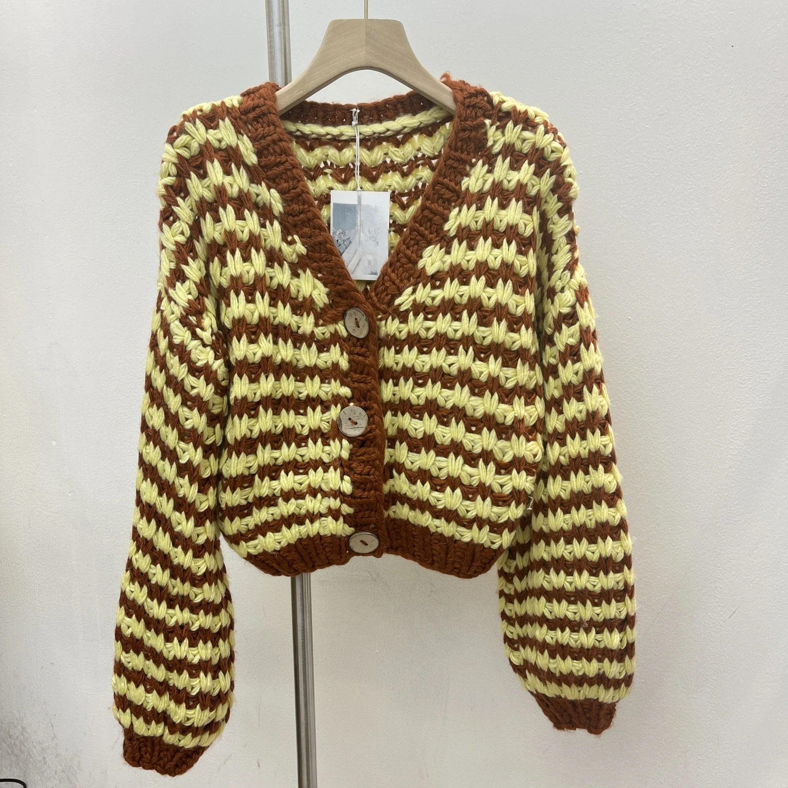 

Women Chunky Knit Cardigan Vintage Handmade Style Striped V Neck Button Down Sweater 2025 Autumn Winter Fashion Knitwear